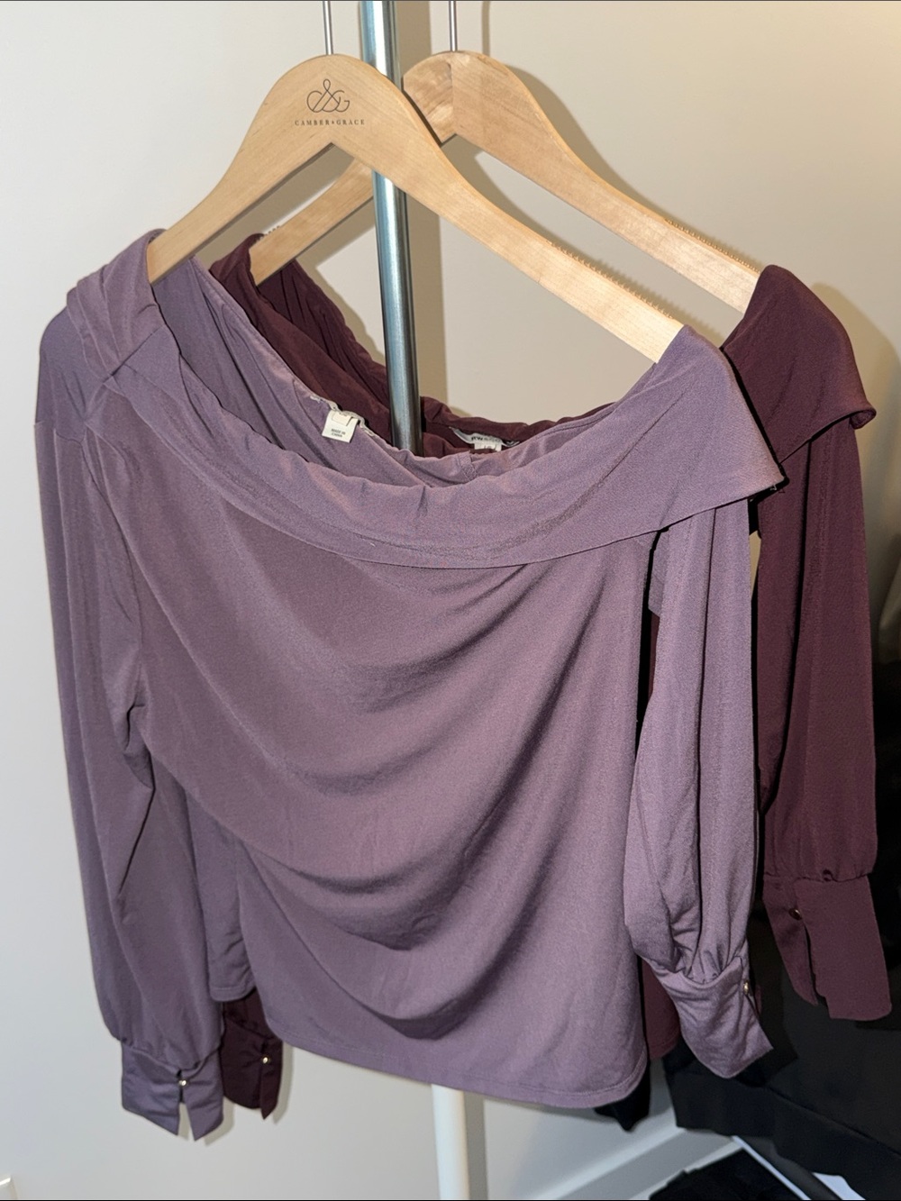 RW&CO. BOGO Off-Shoulder Blouse in Dusty Purple and Burgundy